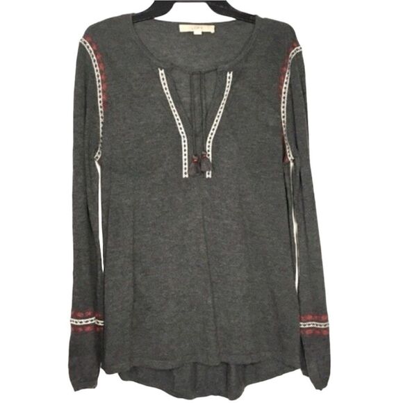LOFT BOHO WOOL BLEND EMBROIDERED V-NECK TASSEL HIGH LOW PULLOVER SWEATER TOP M - Picture 1 of 10
